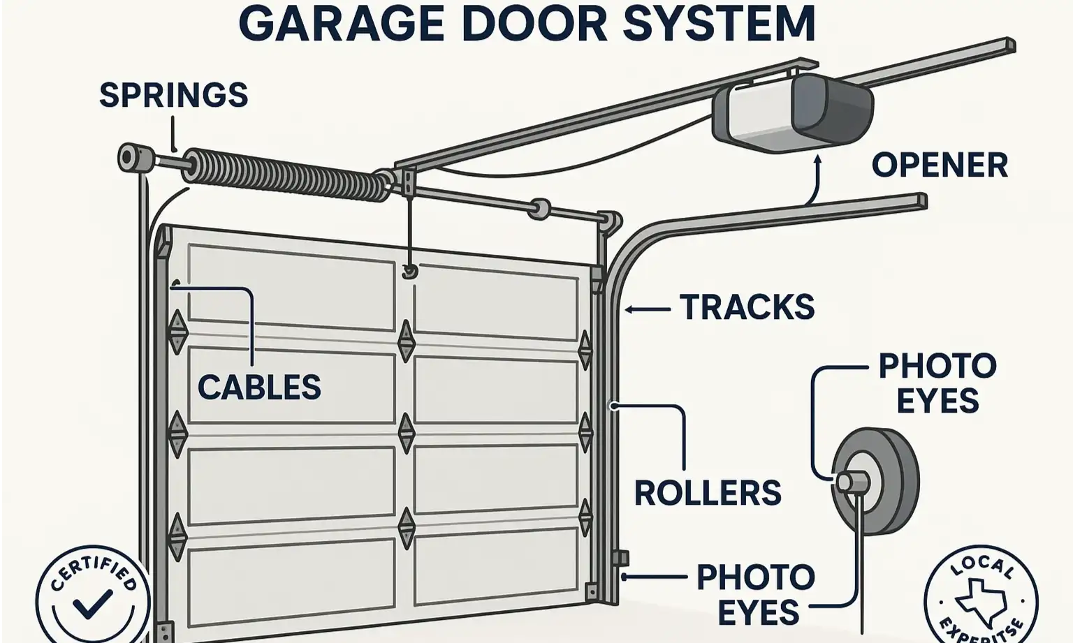 Expert visual guide explains key garage door parts to help identify issues and choose the right repairs.