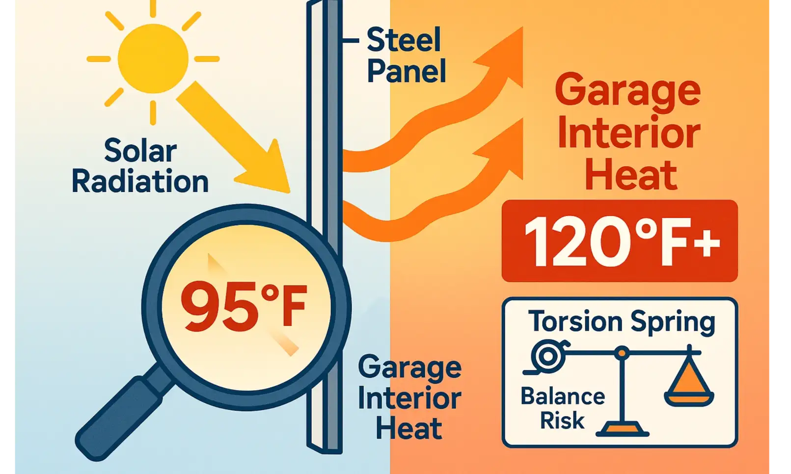 Uninsulated steel garage door thermal and weight physics infographic