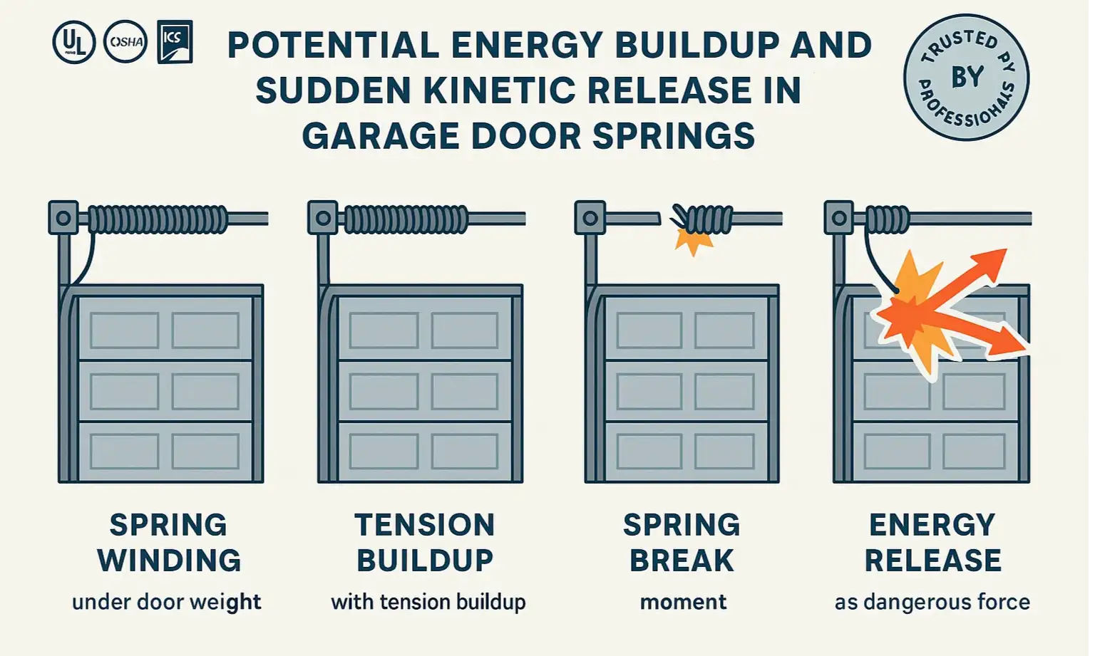 Flowchart of a garage door spring cycle: safe unwound state, high-tension danger zone, and sudden failure with energy release.