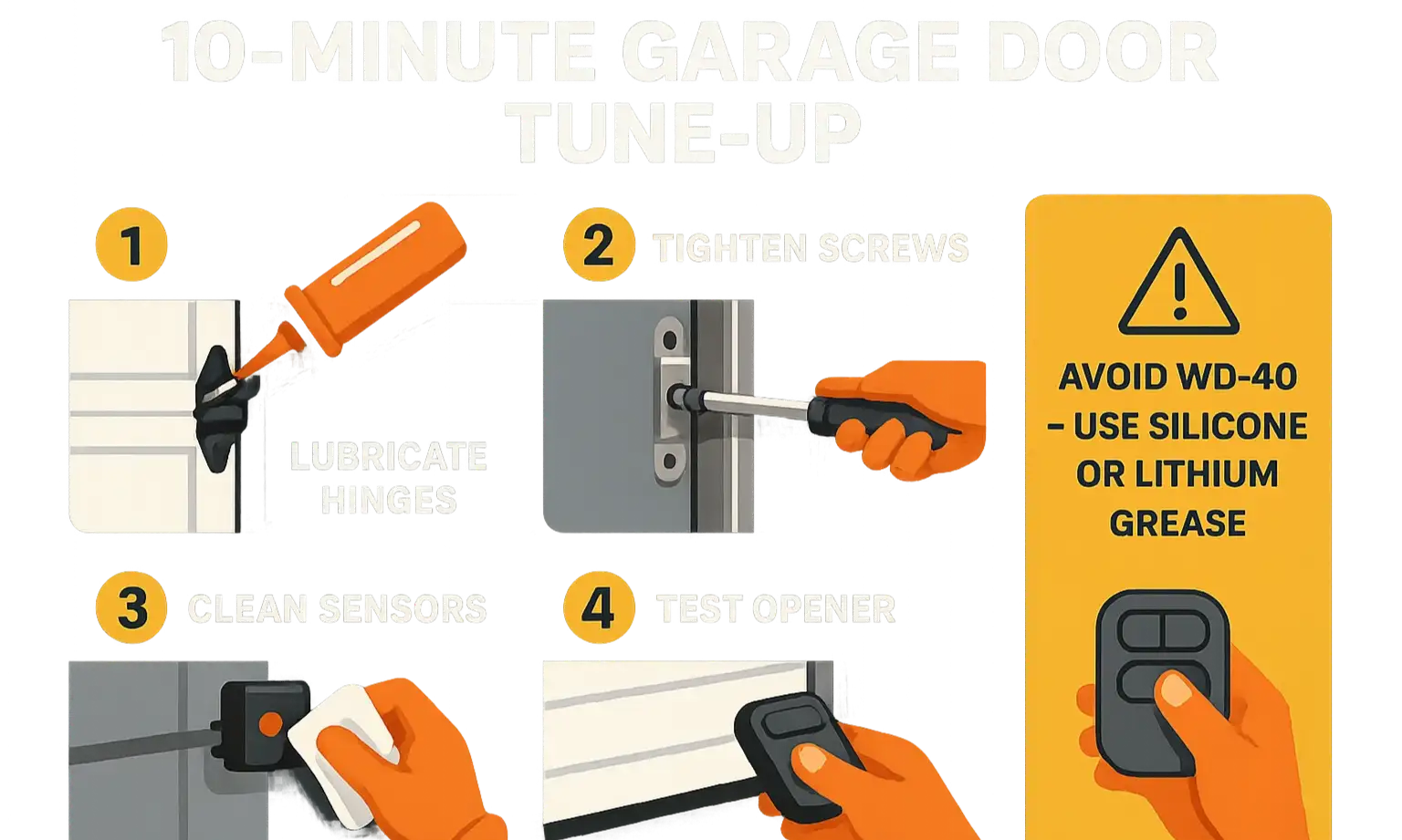 A high-quality photo or short GIF showing someone properly spraying a white lithium grease lubricant into a garage door hinge or roller stem
