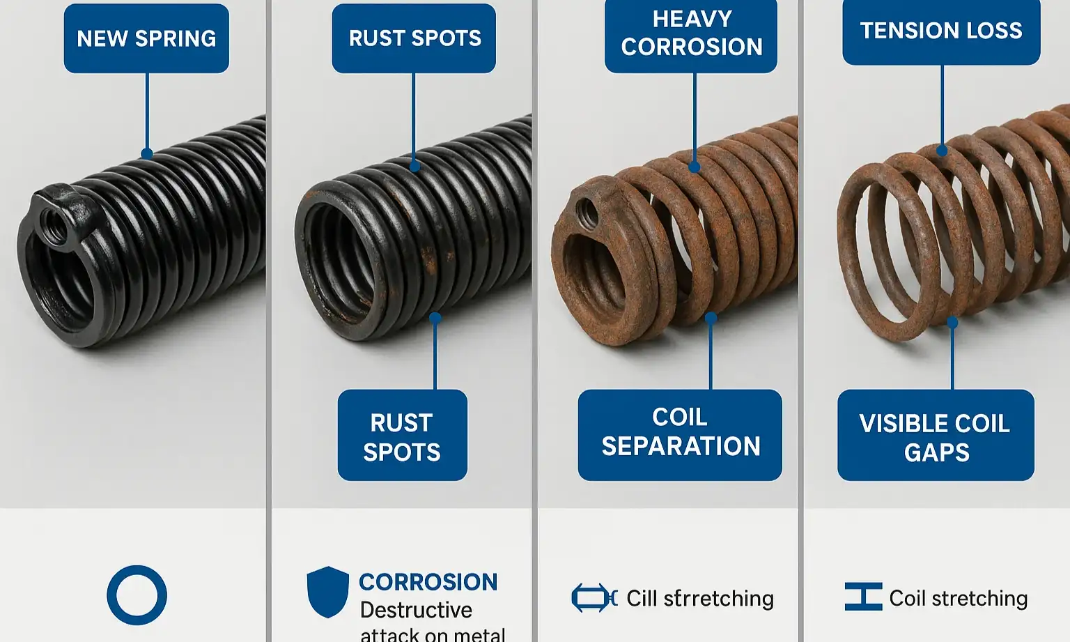 Aged spring checklist: spot rust, gaps, and corrosion that signal imminent failure.