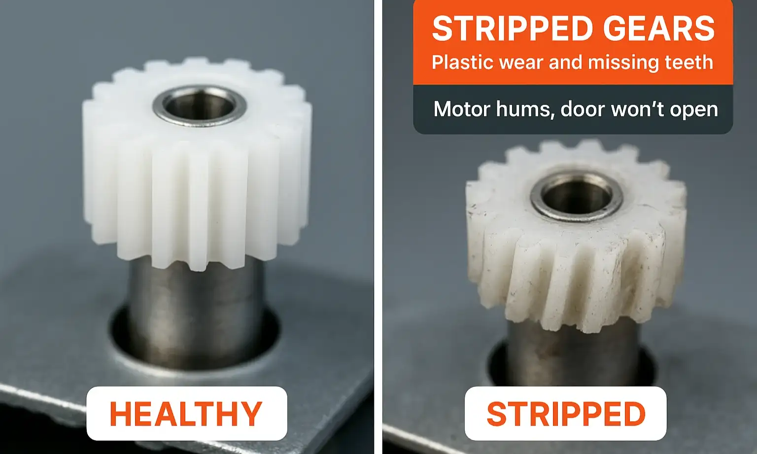 Compare new opener gear vs worn gear with stripped teeth