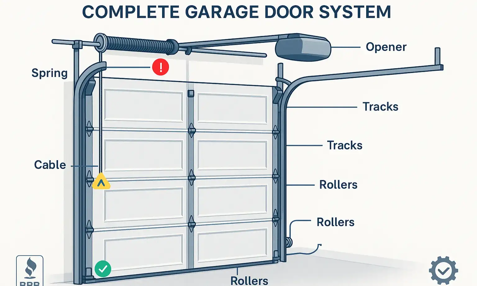 Detailed garage door diagram highlighting key components and safety risk levels for confident troubleshooting.