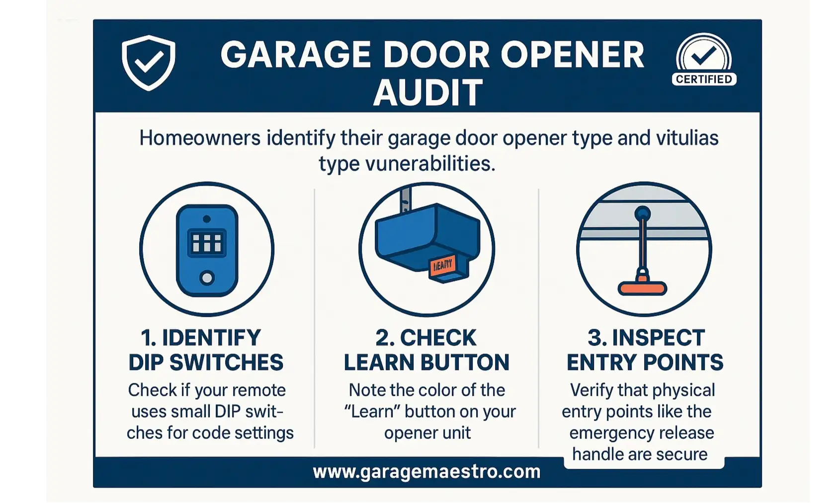 A checklist infographic guiding homeowners through a garage security self-audit, covering remote technology, opener unit inspection, and physical vulnerabilities.