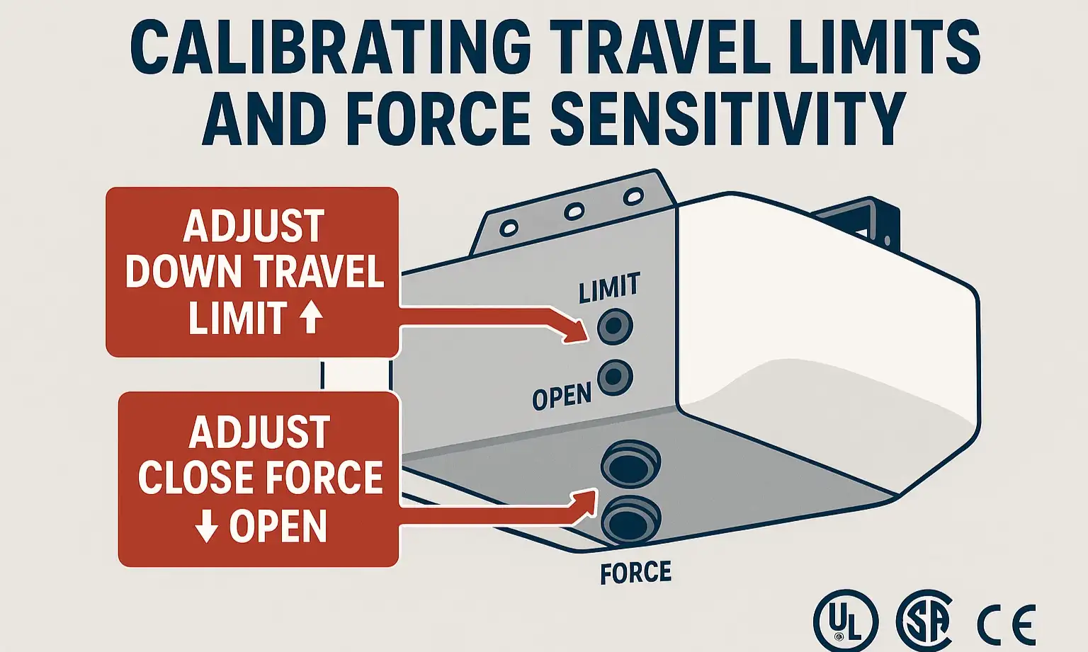 Diagram showing travel and force adjustment screws on a garage door opener, with arrows for increasing or decreasing settings.