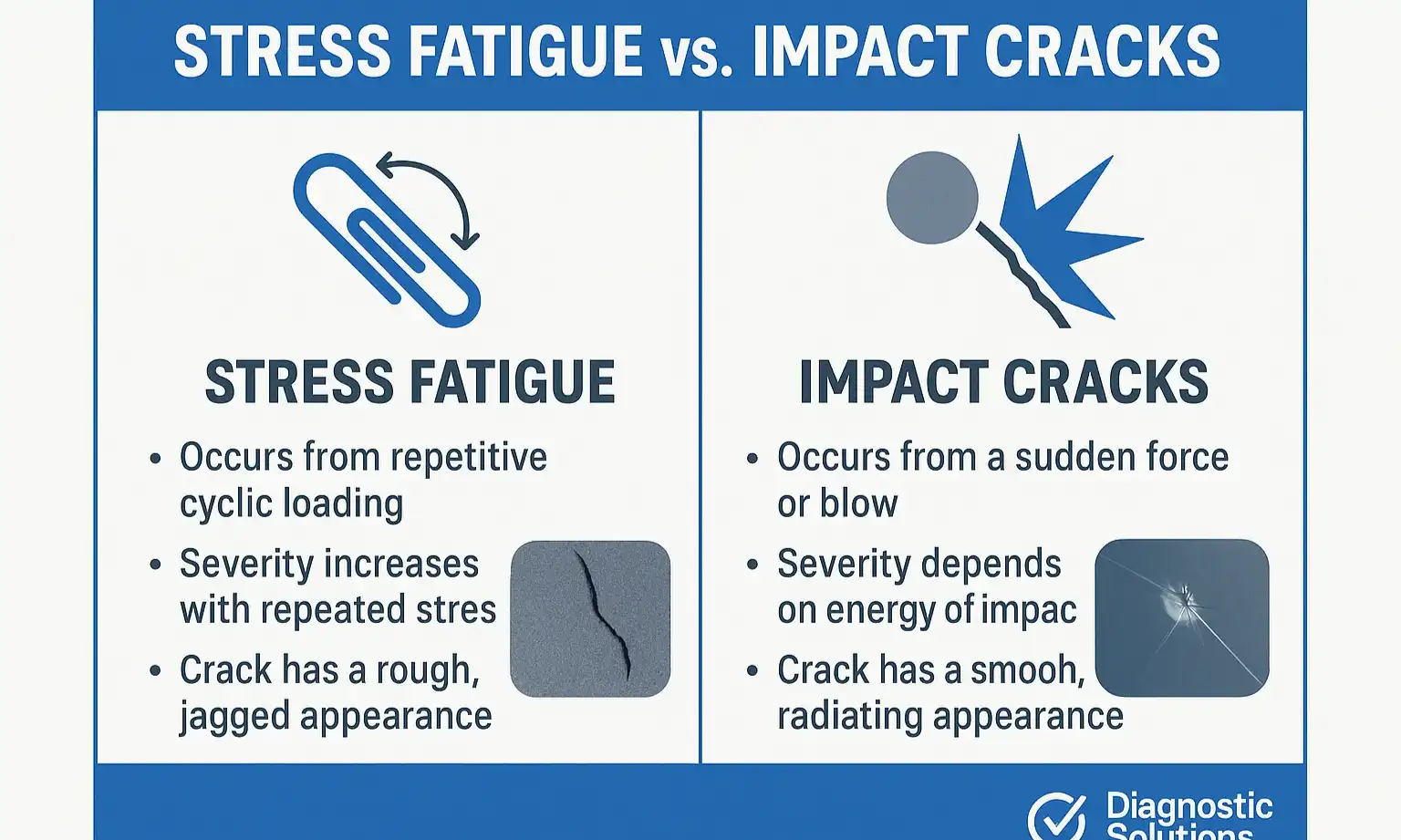 A flowchart guiding repair decisions: It starts with identifying the crack type (stress vs. impact), then considers the door material, and finally presents repair options like reinforcement struts, epoxy/filler, or panel replacement.