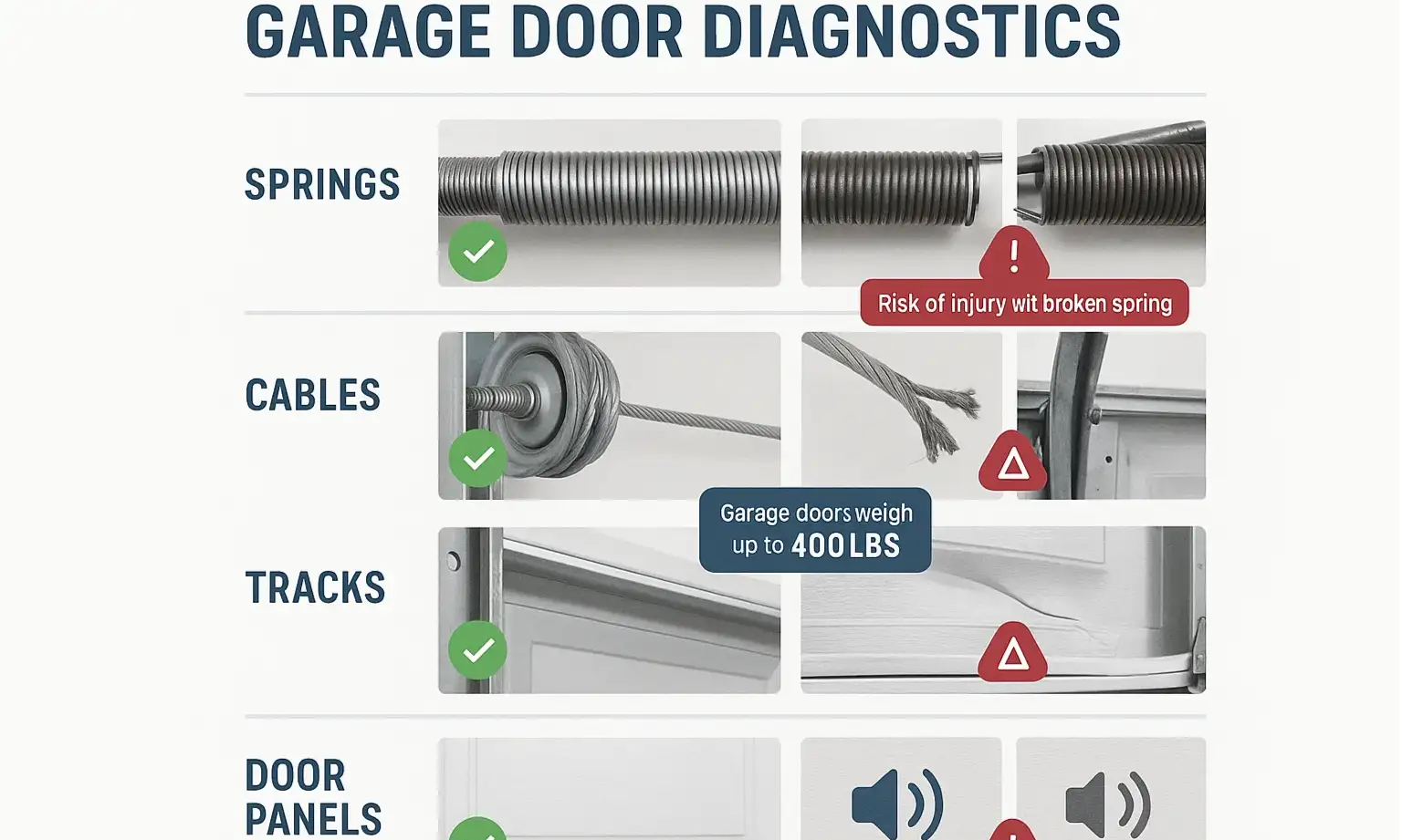 Safety checklist contrasting safe vs. hazardous door conditions, guiding when to avoid use and call a pro.