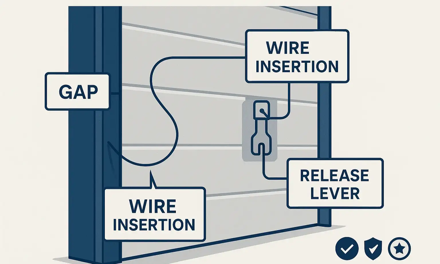 Diagram showing how burglars exploit garage door side gaps to trigger the emergency release.