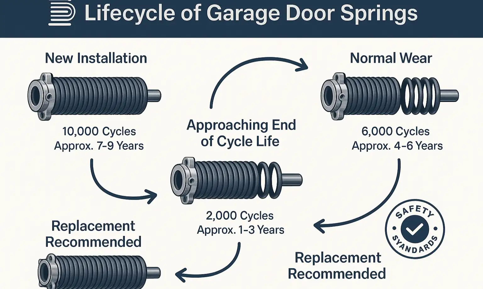 Comparison shows how higher daily garage door use sharply reduces spring lifespan.