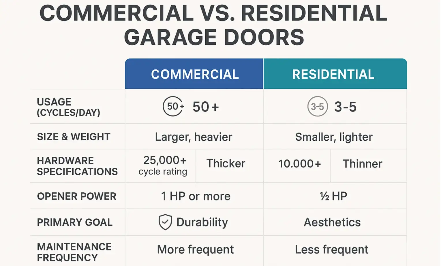 At a glance: Understand how commercial and residential garage doors differ in construction, usage, and maintenance needs to make an informed decision.