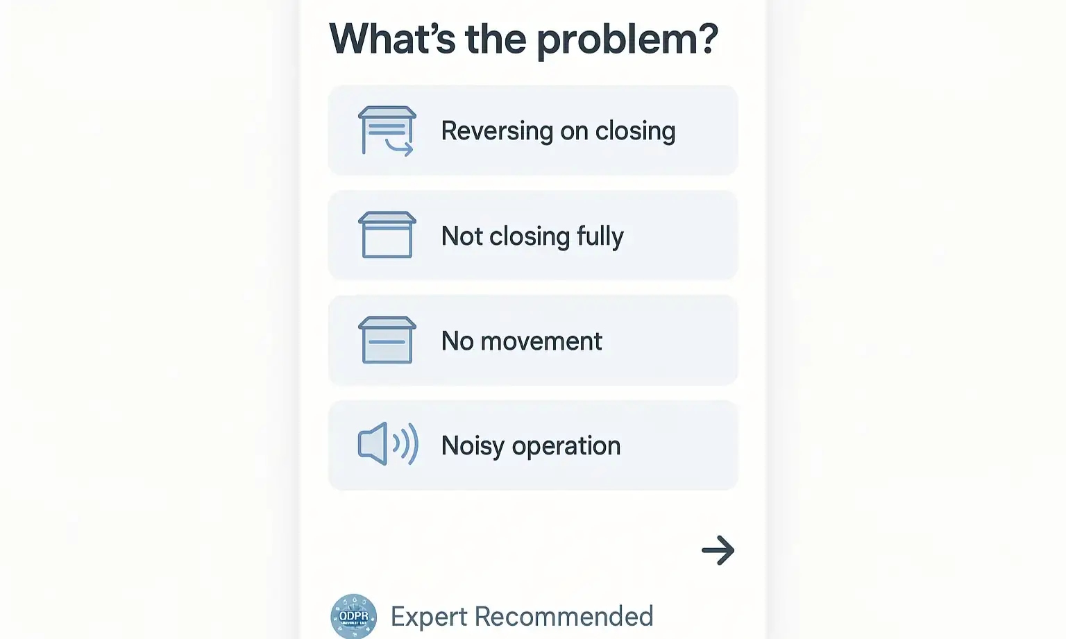 Start by selecting your door’s symptom—this checker guides you to safe, precise calibration steps.