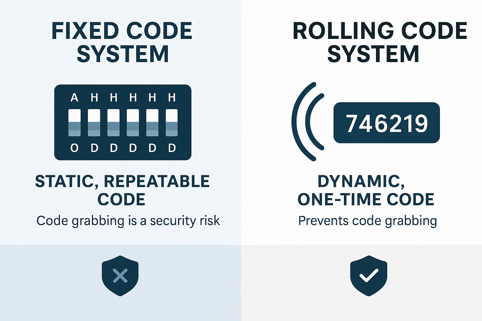 A diagram comparing the static, vulnerable nature of a fixed code system with the dynamic, secure nature of a rolling code system.