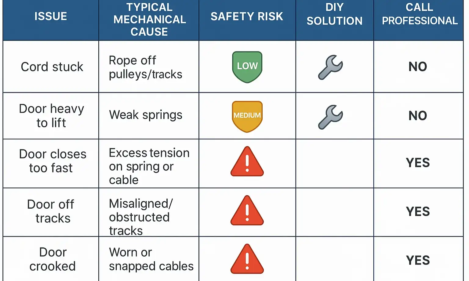 Quick-reference evaluation matrix to identify manual garage door problems, assess safety risks, and decide when professional help is critical.
