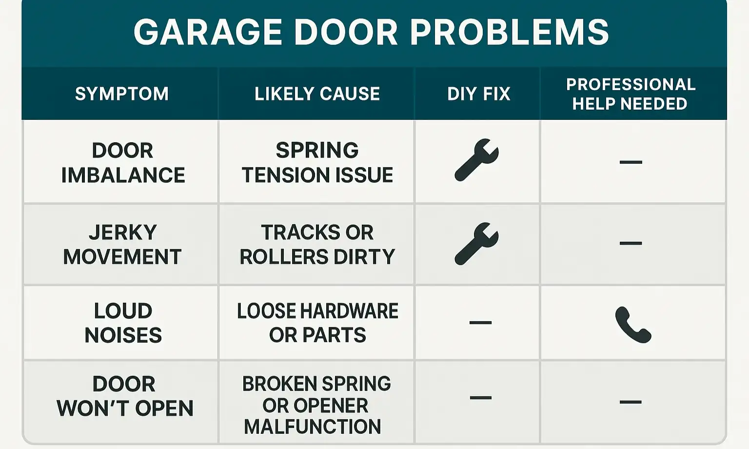 At-a-glance problem-solving matrix clarifying symptoms, causes, and recommended actions to facilitate confident troubleshooting or escalation.