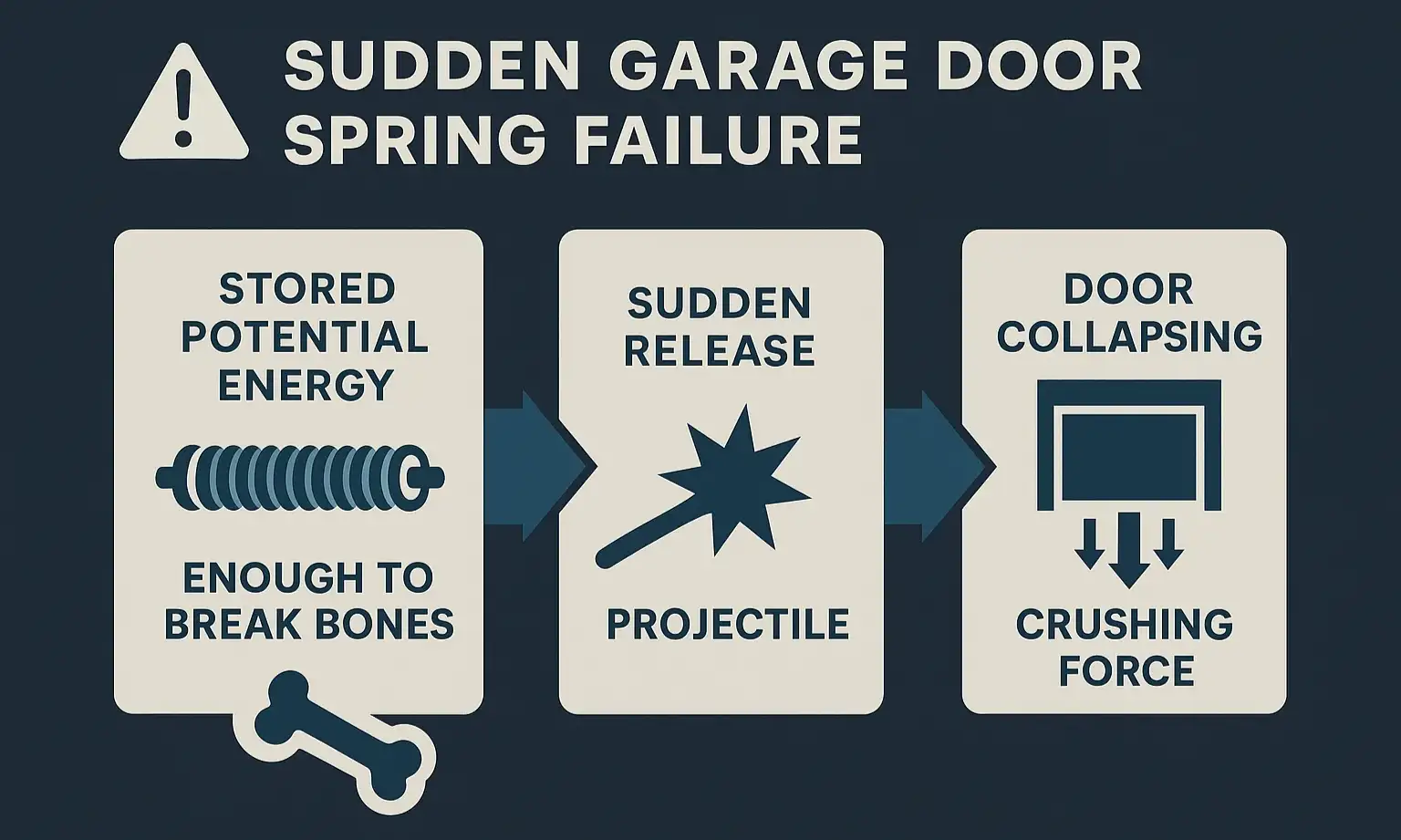 Spring failure risks: sudden breaks release force, causing projectiles and crushing hazards—call a pro.