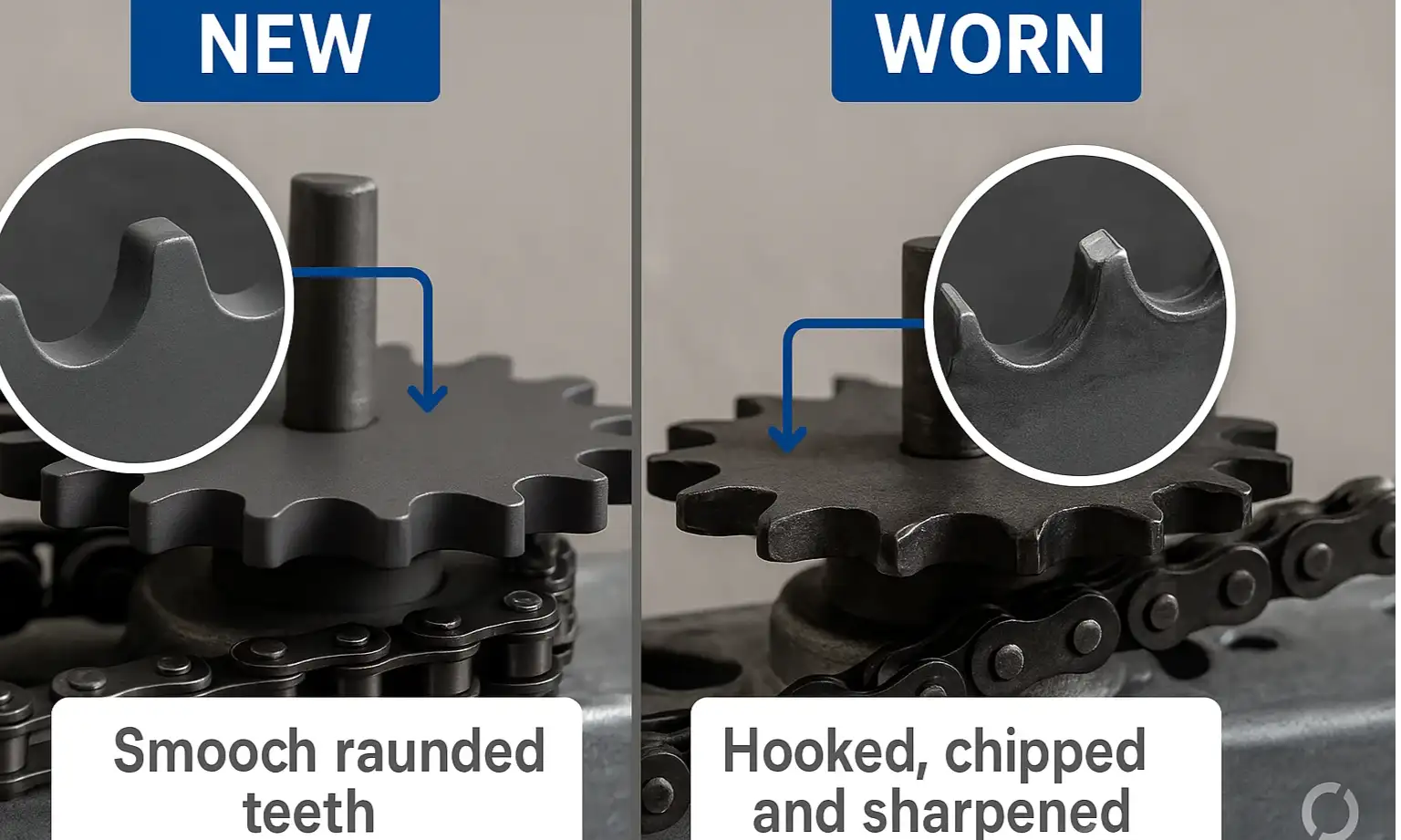 Comparison of healthy vs. worn opener sprockets, showing flat teeth versus thin, hooked teeth.