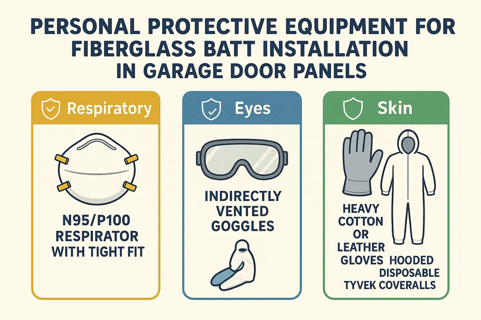 Summary of required PPE for safely handling fiberglass batt insulation during garage door panel installation — highlighting respirator type, eye protection, and skin coverage for maximal protection.