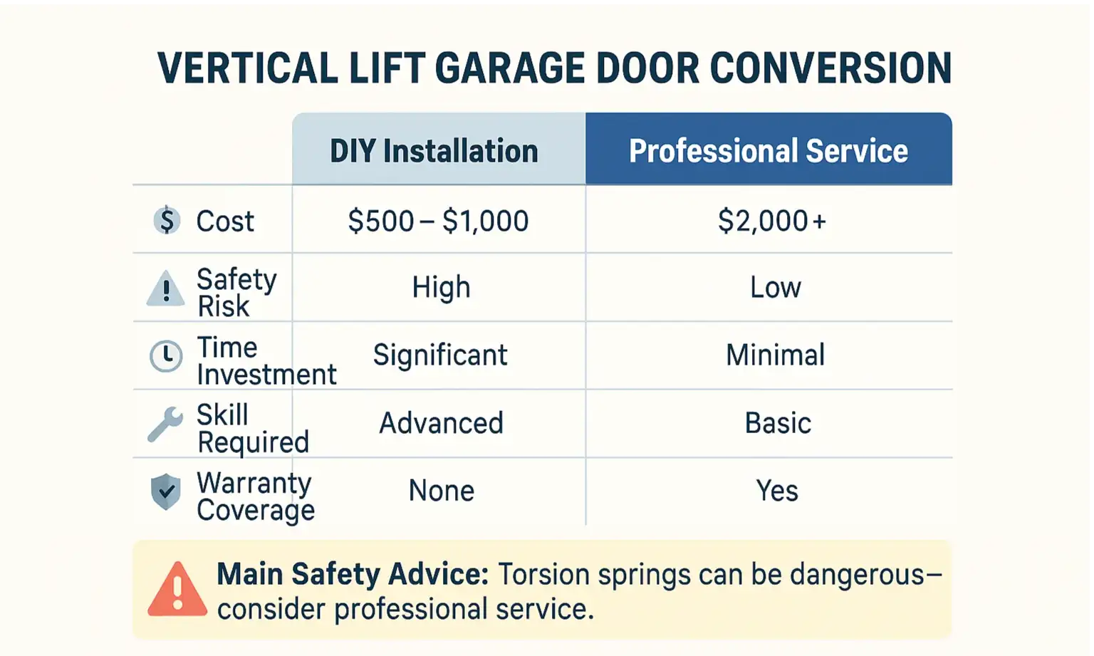 Compare DIY and professional installation options side by side to choose the safest and most cost-effective path for your vertical lift garage door project.