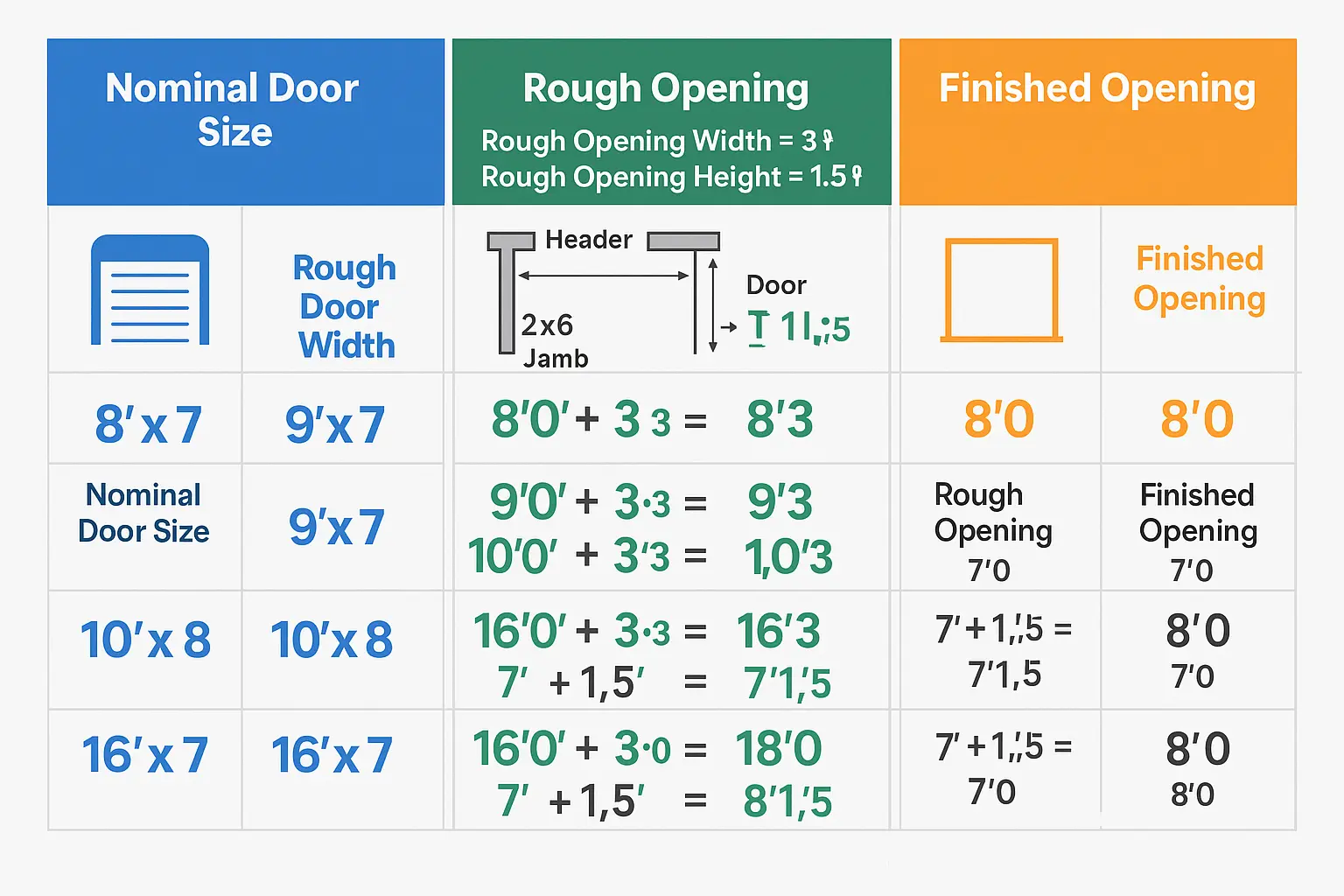 Step-by-step visual assembly of garage door rough opening framing