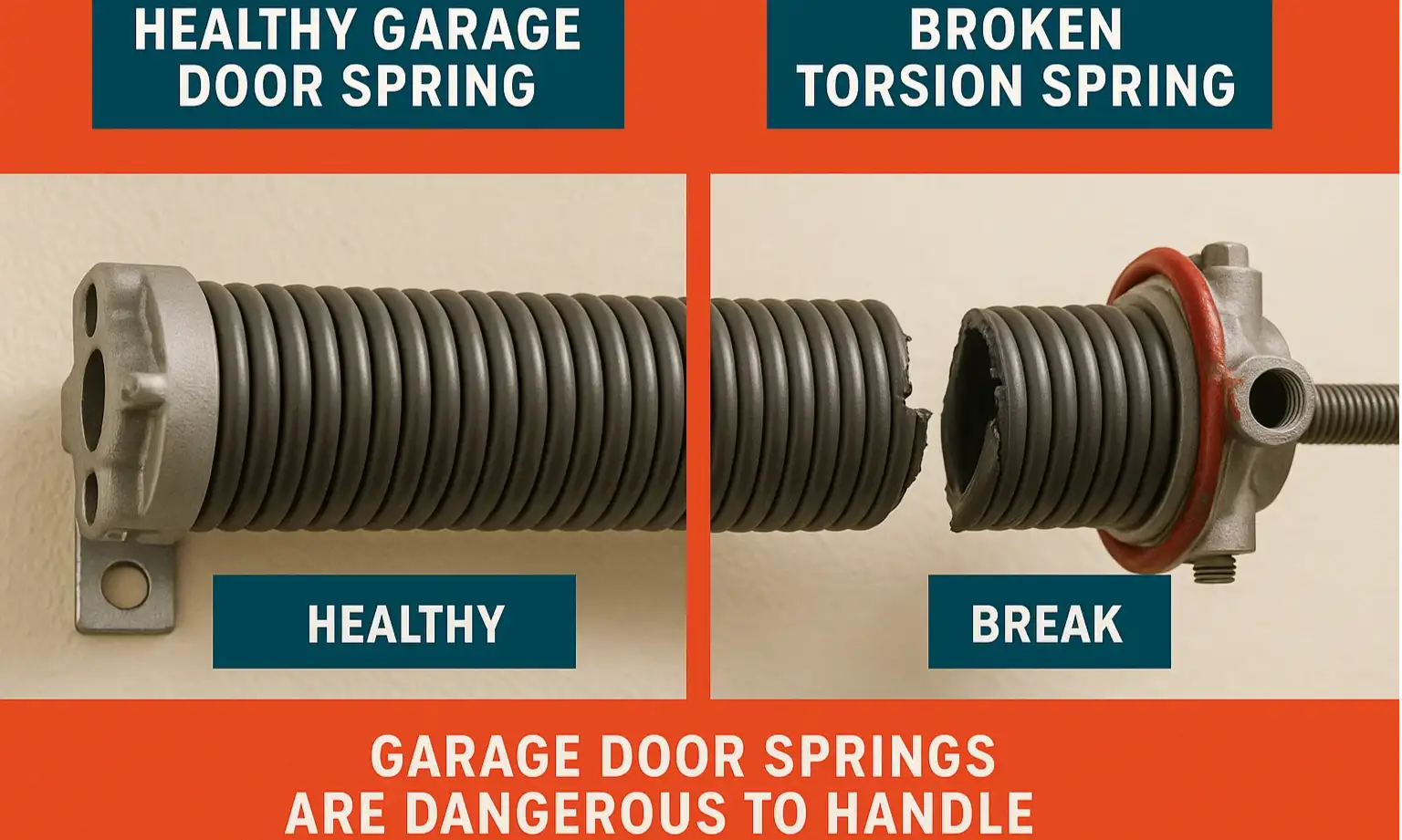 Image of intact vs broken garage door spring and safety risk