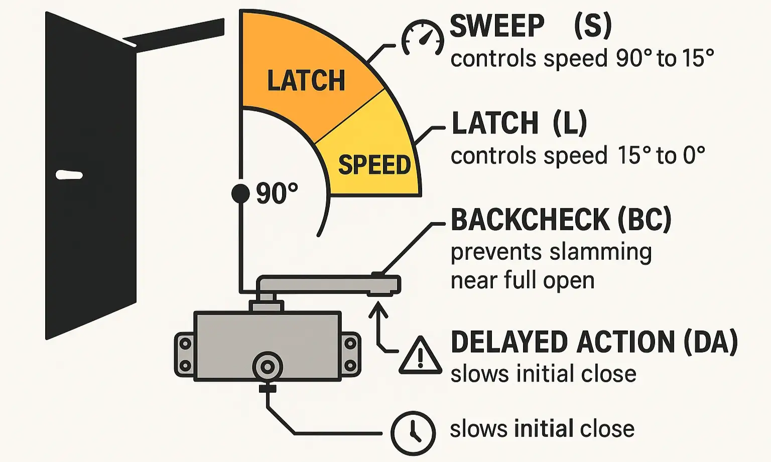Understand how each adjustment screw controls different parts of door closing motion to fix slamming or slow down closing for accessibility needs.