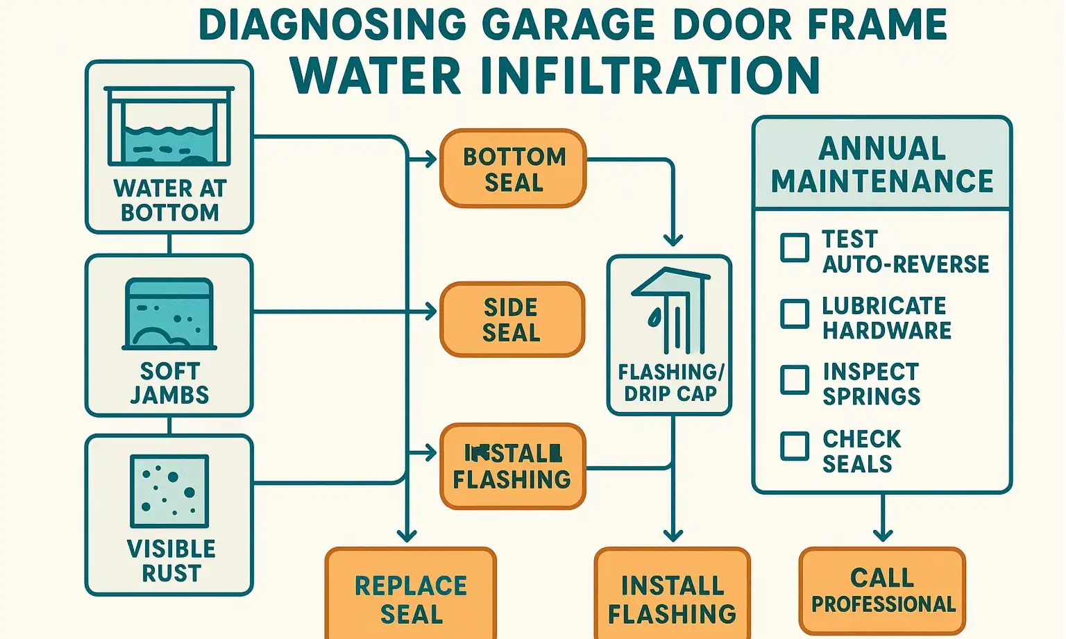 Diagnostic guide showing garage door frame leak points and the maintenance steps to prevent damage.