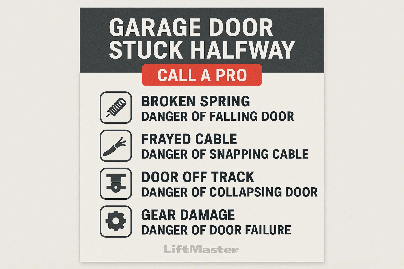 A clear checklist infographic showing which signs are absolute red flags that require a professional: a loud bang (broken spring), visible gap in the spring, frayed or snapped cables, and a crooked or off-track door.
