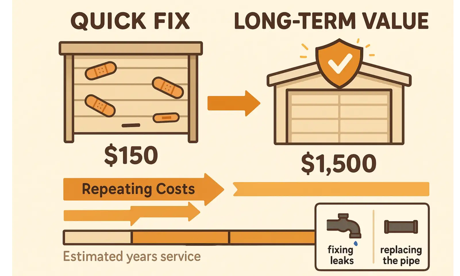 This image educates readers on why installing mismatched garage door panels leads to mechanical failure and how component fatigue triggers escalating repair costs in a service call spiral.