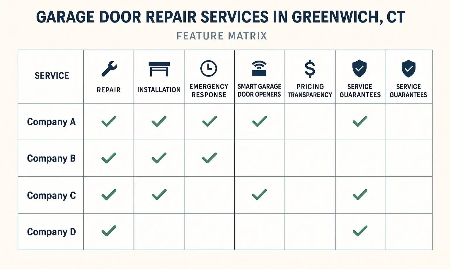 Compare leading garage door repair companies in Greenwich, CT at a glance to make the best choice tailored to your specific needs and budget.