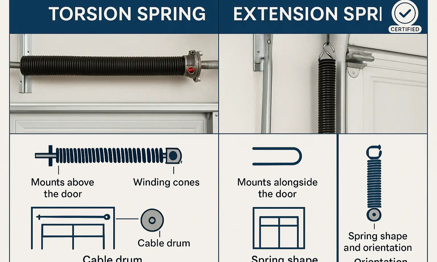 Visual guide to identify garage door spring types and decide what’s DIY-safe vs. pro-only.