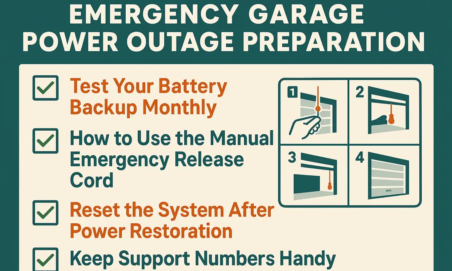 Your quick-reference emergency prep checklist to maintain reliable, uninterrupted garage access during power outages.