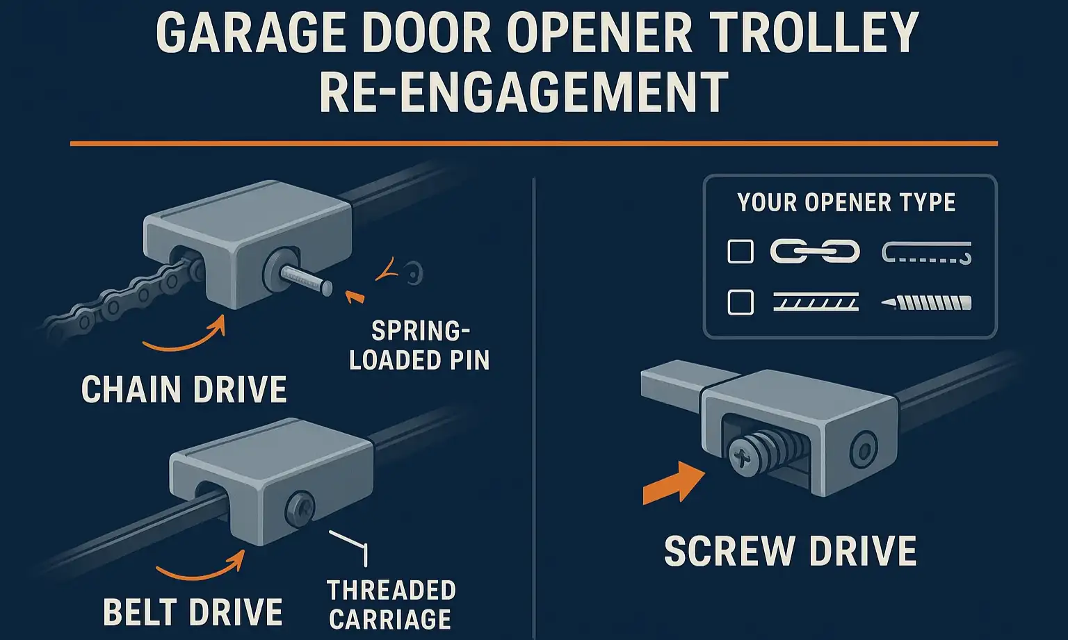 Visual comparison of chain, belt, and screw drives to identify your opener type and re-engagement method.