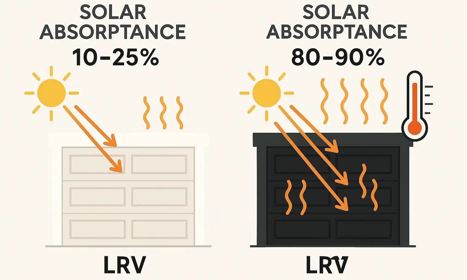 This image clarifies why black carriage-style garage doors absorb much more solar heat than lighter colors, leading to much higher surface temperatures—a key factor in door durability and homeowner concerns.