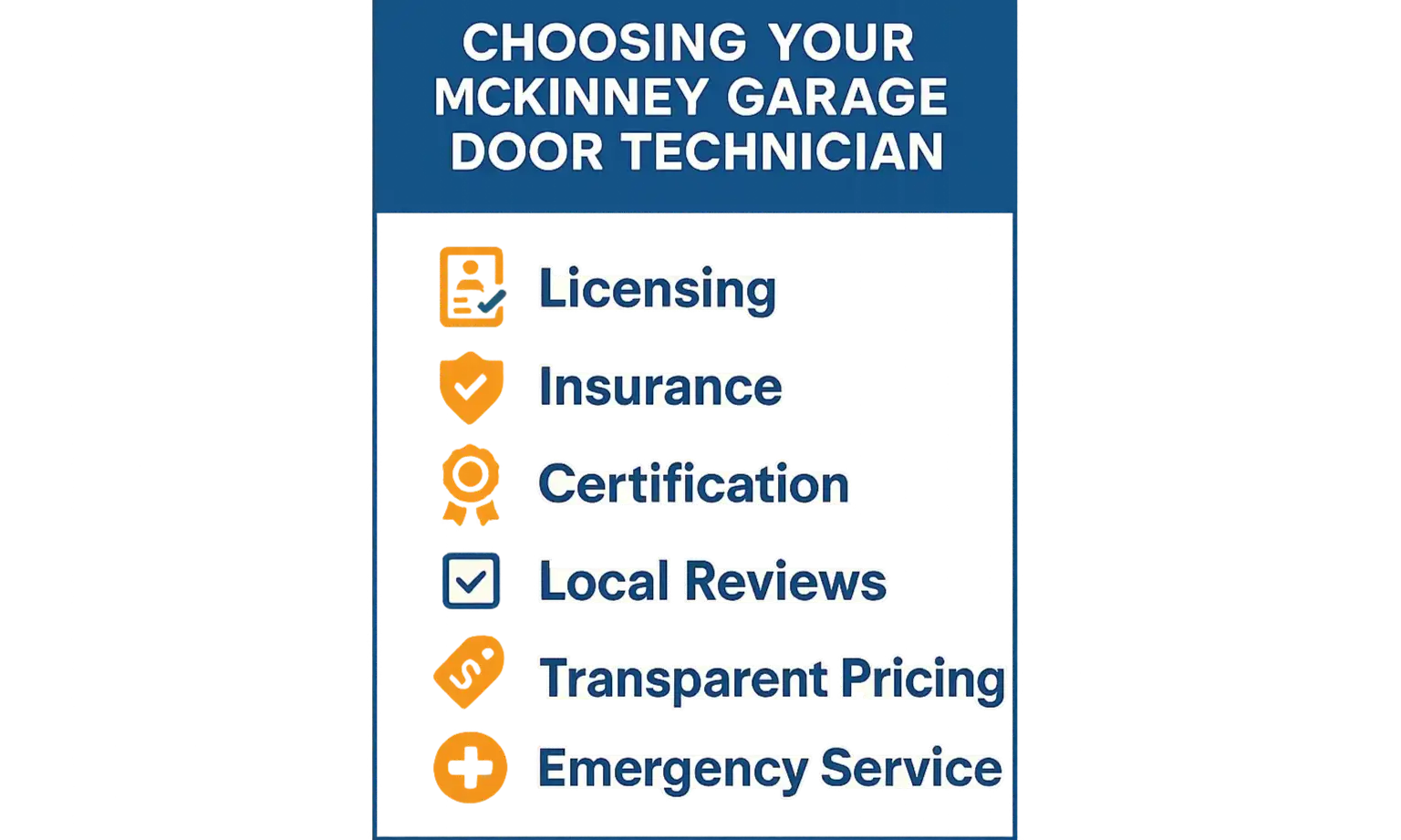 Checklist graphic for choosing a qualified McKinney garage door technician: license, insurance, reviews, and warranty.