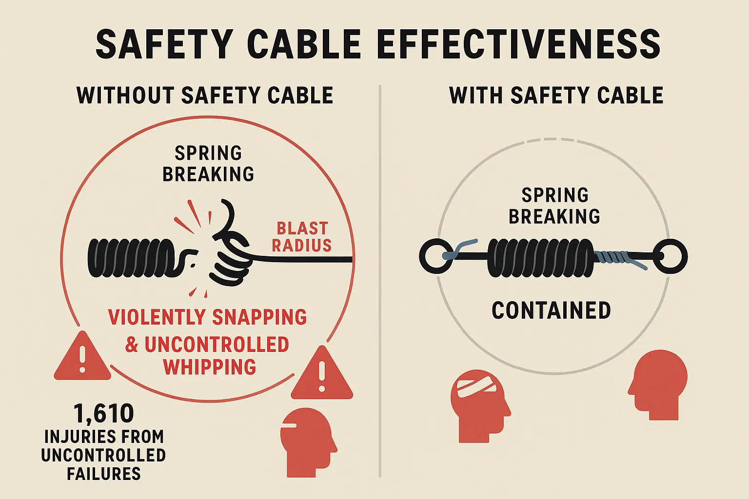 An illustration comparing an extension spring breaking with and without a safety cable. Without the cable, the spring flies wildly; with the cable, it is safely contained.