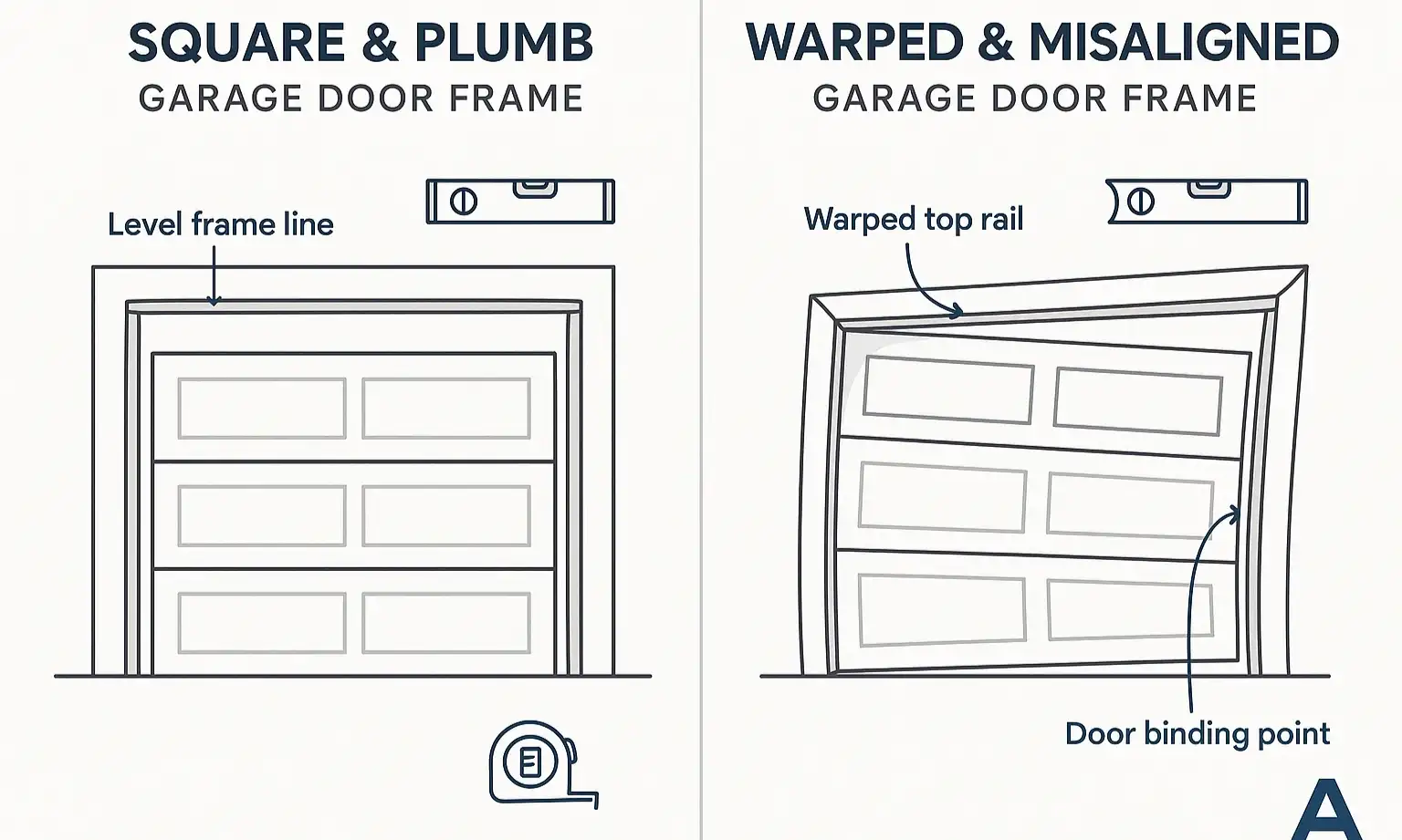 Visual comparison showing how structural misalignment affects garage door function for quick issue identification.