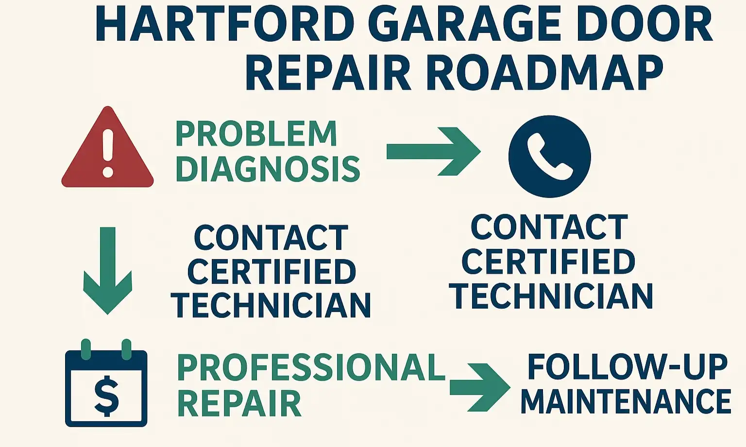 Your path to a safe, reliable garage door: from diagnosis to expert repair and ongoing care with Hartford’s trusted technicians.