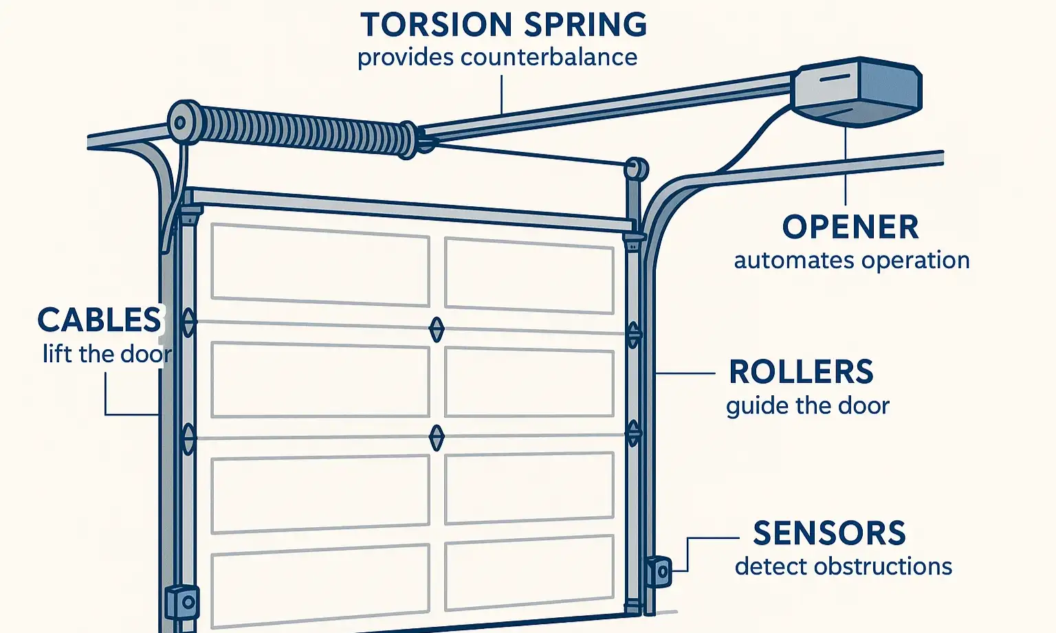 A detailed diagram showing the anatomy of a garage door system, including springs, cables, rollers, tracks, opener, and safety sensors.