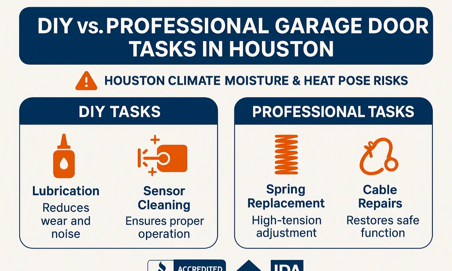Infographic separating DIY garage door maintenance tasks from repairs that require a professional for safety.