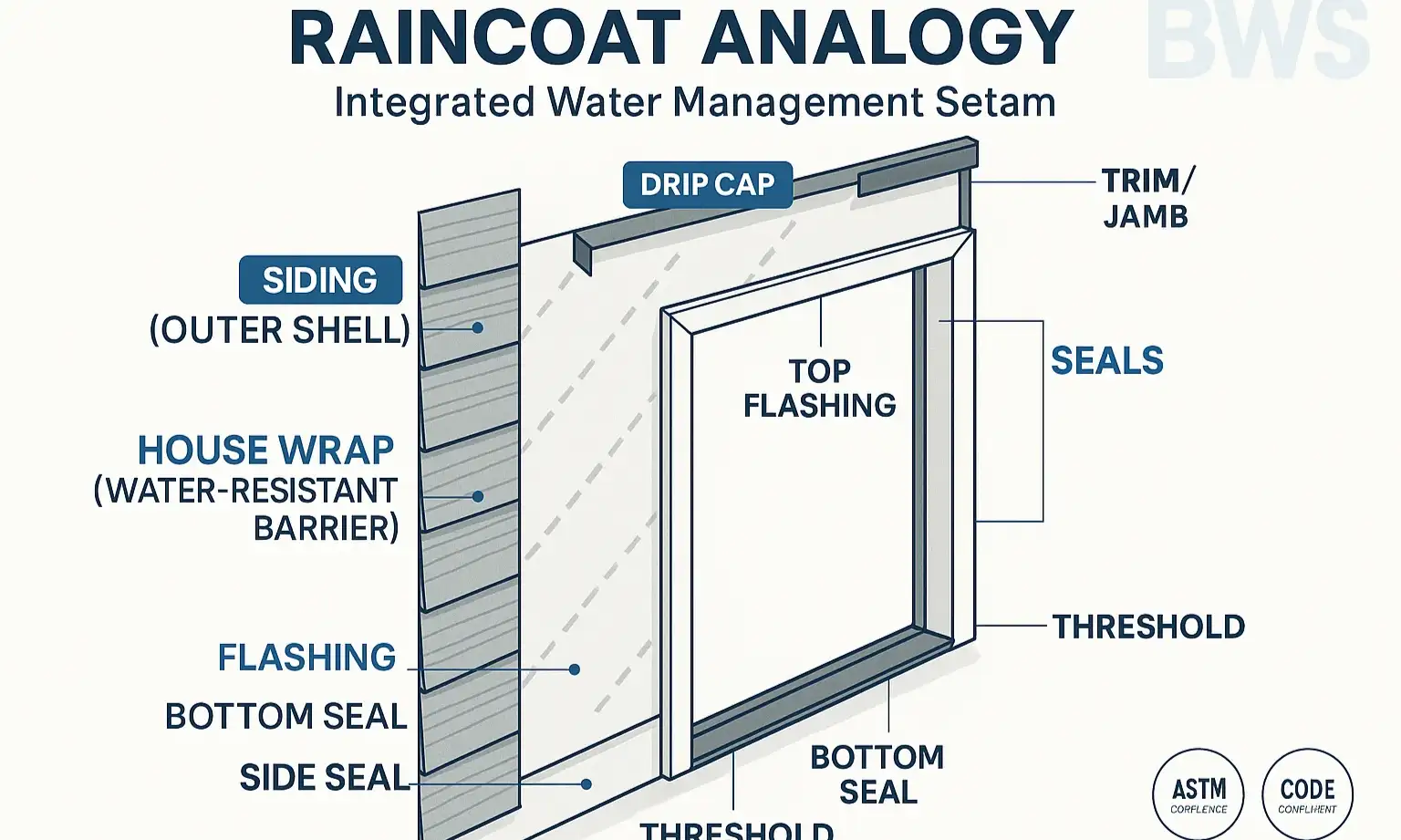 Diagram showing the full garage door frame water management system, from siding and flashing to trim and seals.
