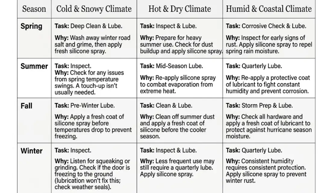 A visual calendar infographic showing different lubrication tasks for each season based on climate zones.