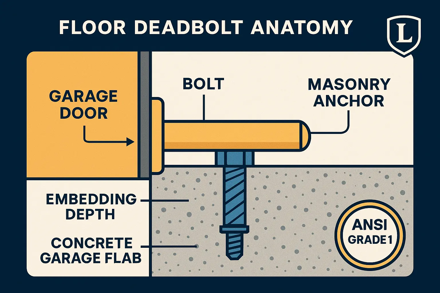 A visual checklist of tools and materials needed for installing a garage door floor bolt in concrete, including a hammer drill, masonry drill bits, concrete anchors, safety glasses, and a level, laid out on a workshop floor.
