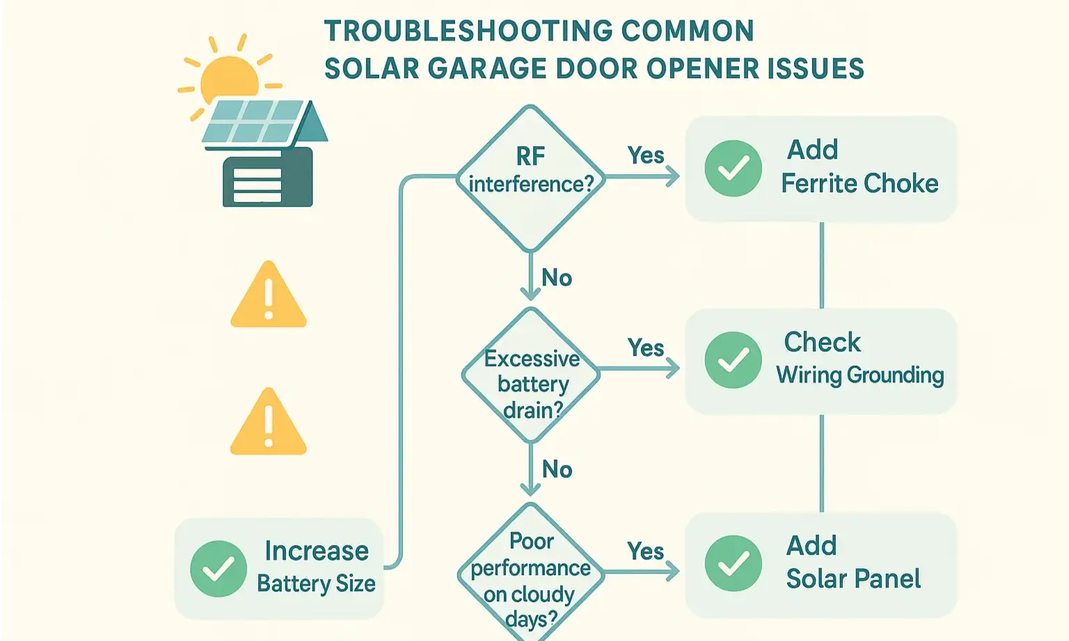 Flowchart to troubleshoot solar garage door opener issues