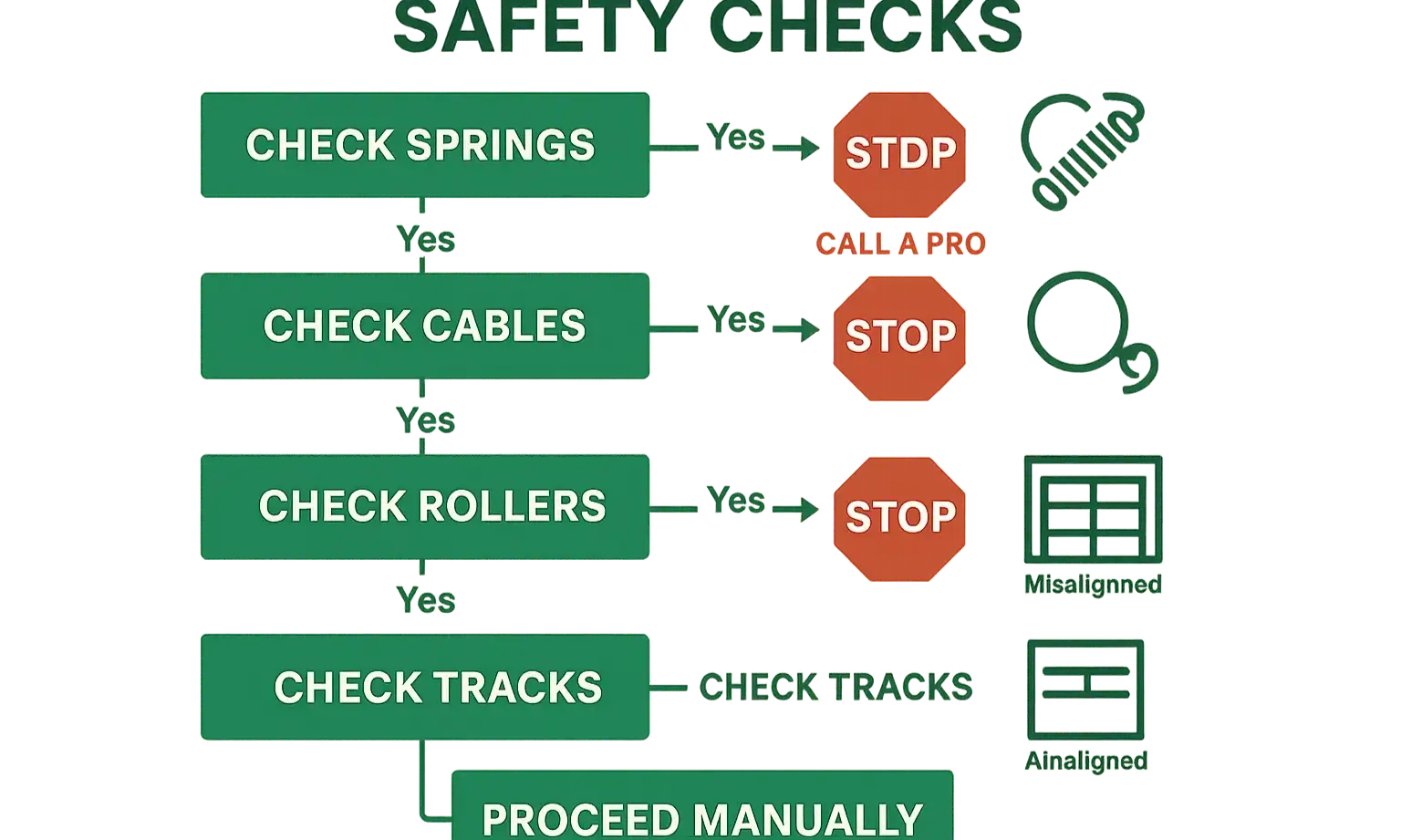 A simple flowchart graphic that guides homeowners through a 'Go / No-Go' safety decision process. It uses questions from the visual inspection to lead to a final, clear action: 'STOP. Call a Professional Immediately.' or 'You may be clear for a manual operation test.'