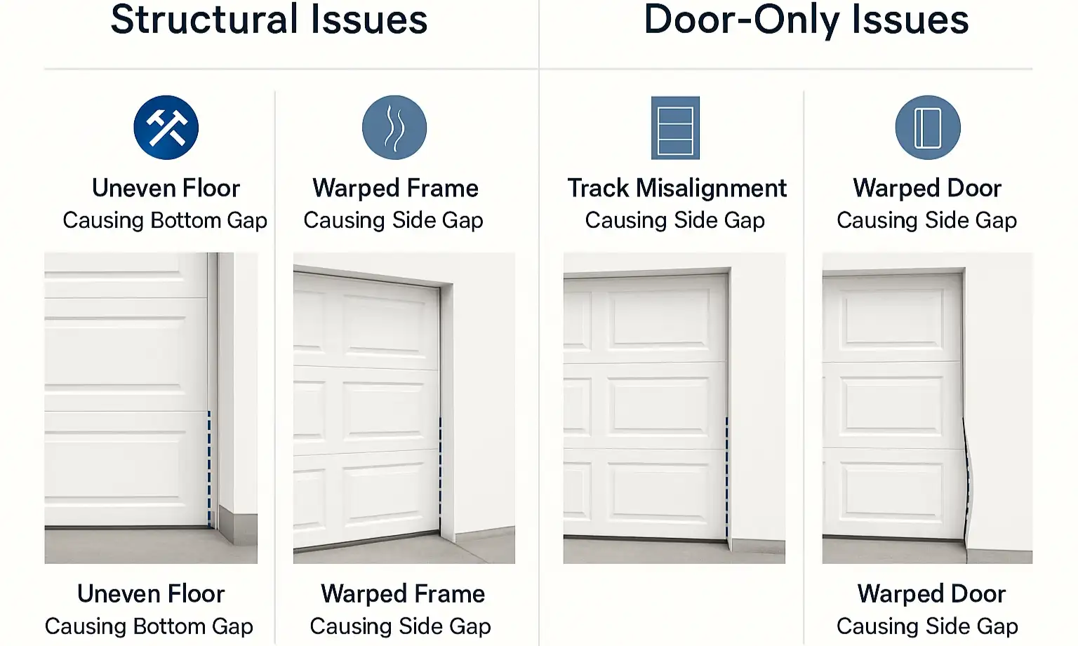 Side-by-side comparison of structural vs. mechanical garage door gaps from foundation shifts and misaligned tracks.