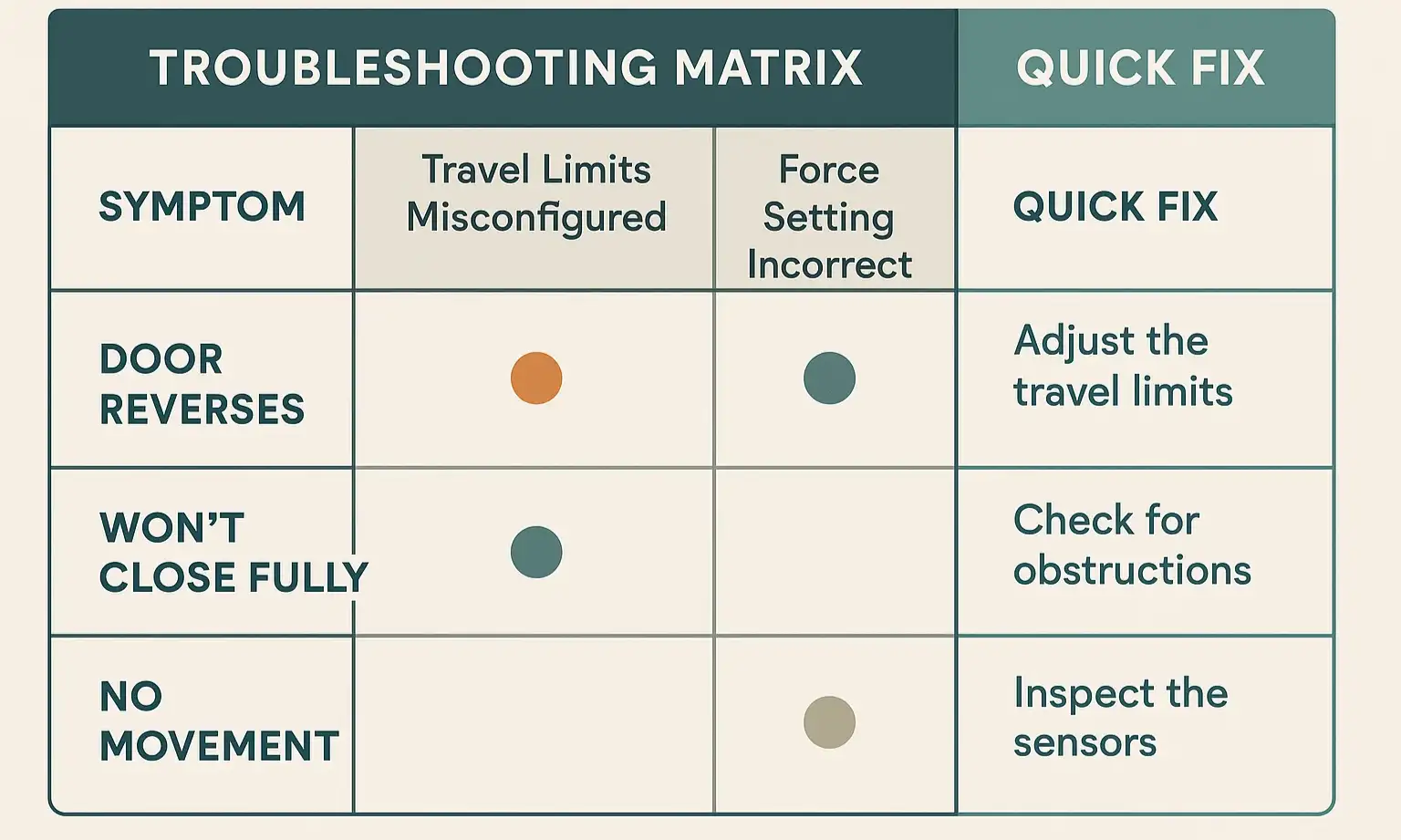 Use this troubleshooting matrix to quickly diagnose your garage door’s issue and decide the correct calibration step or when to consult a professional