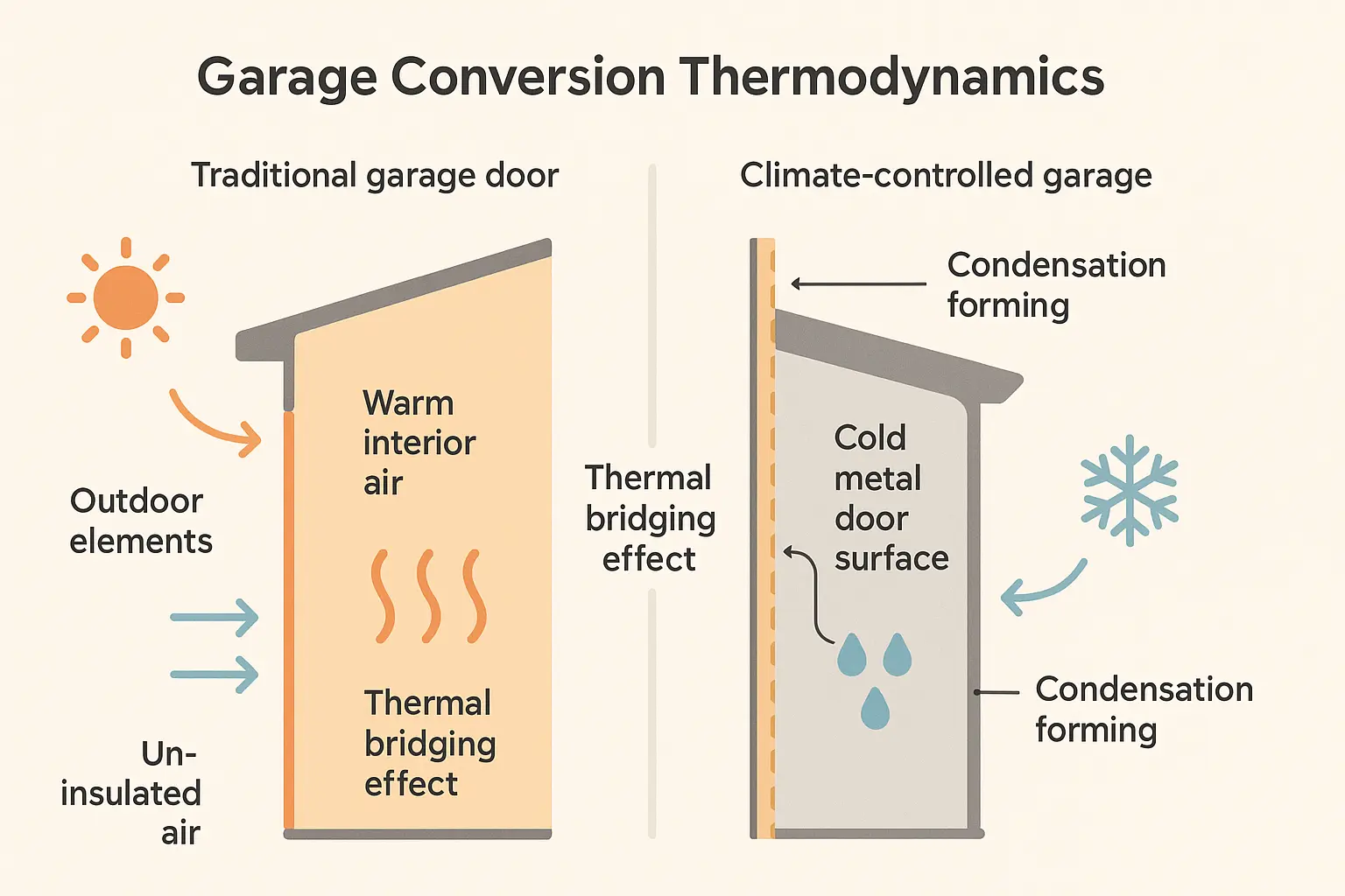 This visual clarifies how converting a garage into a living space changes the door from a simple barrier to a thermal challenge, illustrating the inside-out condensation phenomenon that leads to rust.
