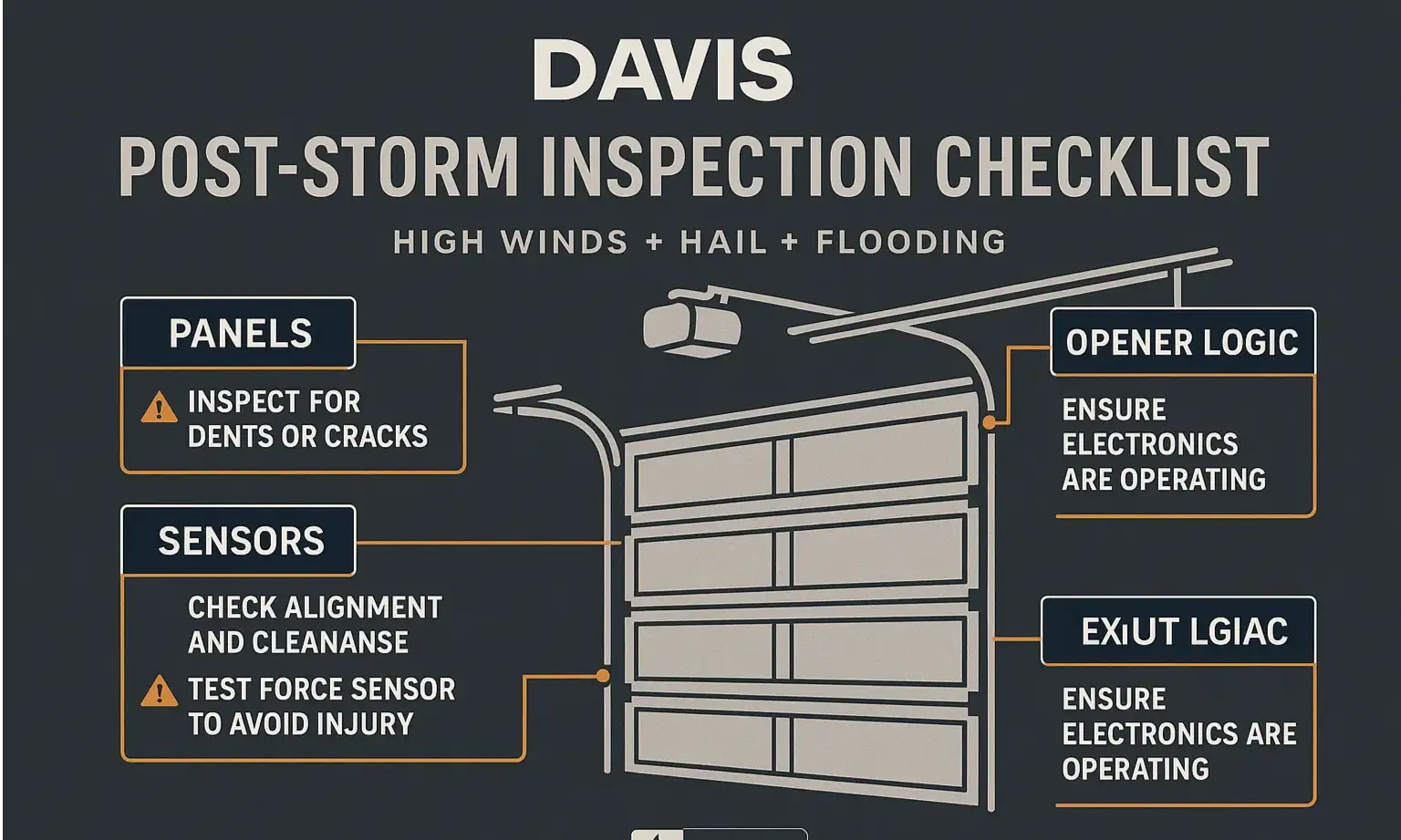 Post-storm inspection checklist highlighting key garage door areas vulnerable to weather damage.