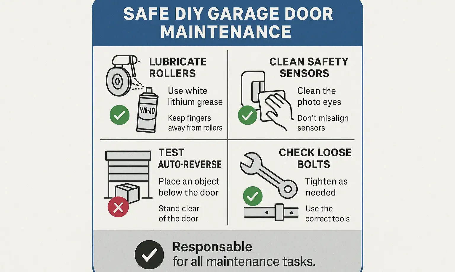 Modern checklist infographic: four DIY garage door tasks—inspection, lubrication, sensor test, balance check.