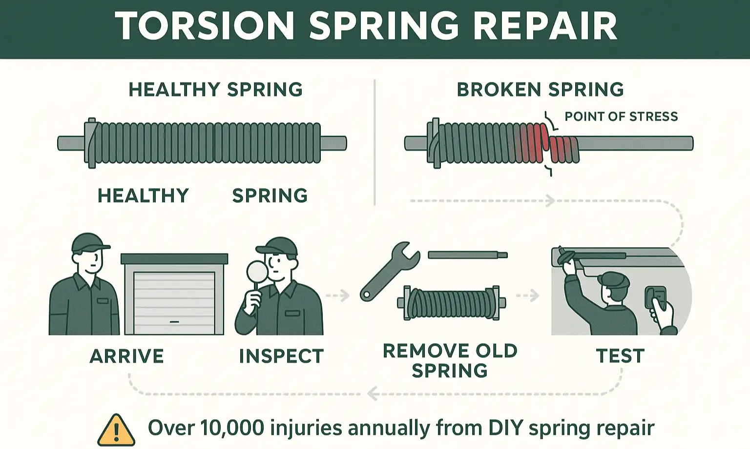 Image shows a technician installing a torsion spring with proper tools and safety precautions.